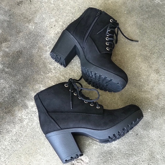 Soda Black Military Lug Sole Heeled Combat Bootie - Picture 5 of 8